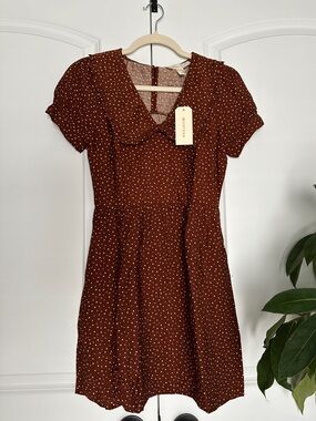 NWT Monteau Rust Brown Polka Dot Ruffle Collar Dress XS